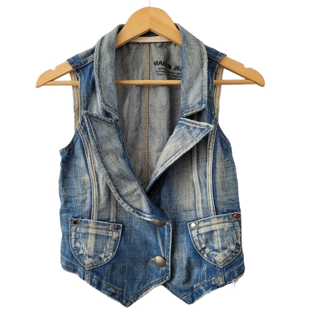VTG 90s Cropped Denim Jean Vest Notched Lapel Collar Jeweled Embellished Fitted